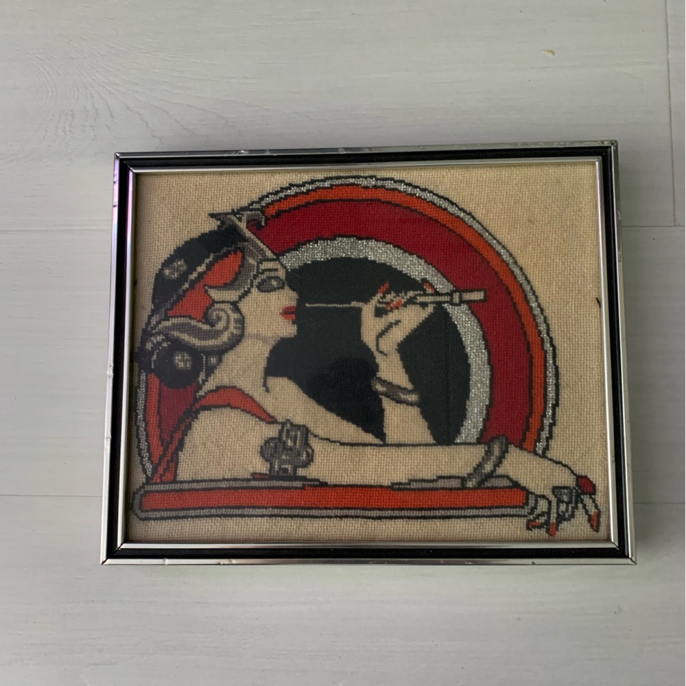 Vintage Framed Art Deco Handmade Needlepoint Wall hanging